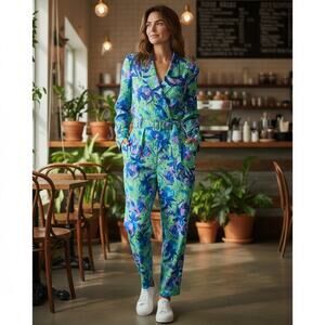 VTG Joan Walter Petites Size 4 Multicolored Belted Jumpsuit With Roll up Sleeves